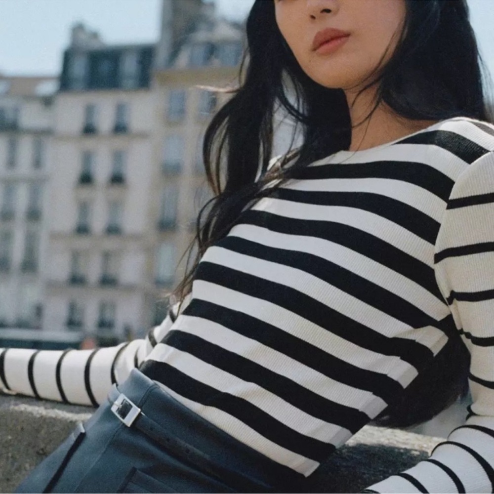 ANTHROPOLOGIE T.LA NWT mixed stripe long sleeve shirt size XL black/ivory